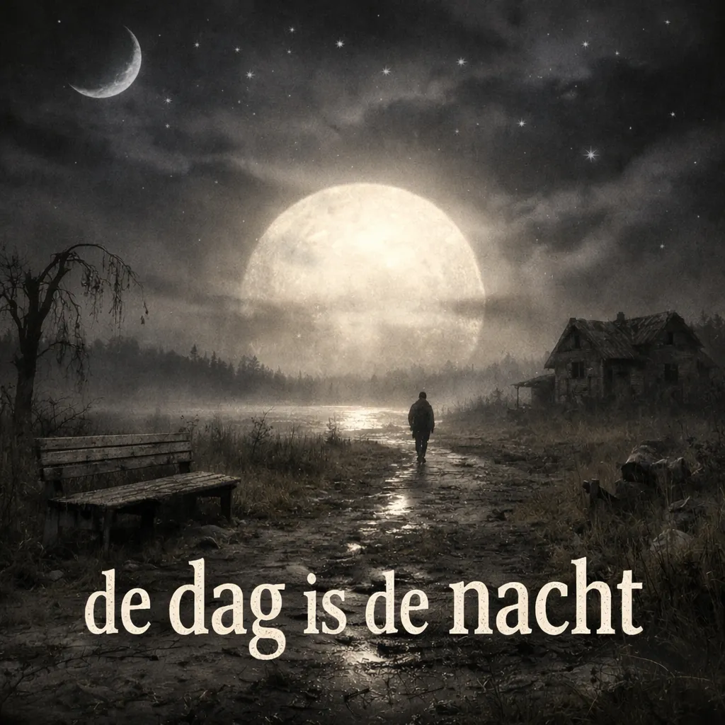 Cover De Dag is de Nacht - Moody nachtscène met maan en tekst
